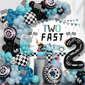 Two Fast Birthday Decor Package for Boys Girls 2 Fast Birthday Decorations Including Backdrop, Cake Topper, Balloon Garland
