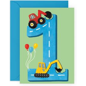CENTRAL 23 First Birthday Card for Boys - Happy 1st Birthday - Age 1 - One Year Old - Tractors Greeting Card - Fun Construction Vehicle Themed Card for Kids - Son, Grandson, Toddler
