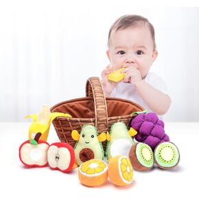 Jollybaby Plush Stuffed Cloth Fruit Food Toy Set for Toddler 1-3, Soft Fruit Basket Montessori Sensory Toy for 1 Year Old, Felt Pretend Fake Food Toy for Baby 0-6-12 Month, Newborn