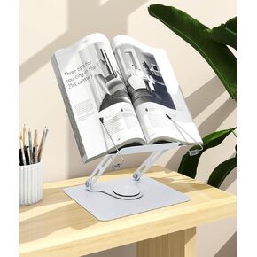 حامل كتب أكريليك للقراءة، حامل كتب أكريليك لسطح المكتب، حامل كتب قابل للطي بقاعدة دوارة 360 درجة، حامل كتب الطبخ مع مشابك صفحات مرنة للمكتب المنزلي، الكمبيوتر المحمول، الكمبيوتر اللوحي، كيندل