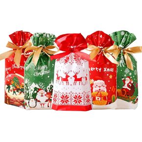 ricluck 50 Pcs Christmas Candy Bags Christmas Drawstring Treat Bags Plastic Goodies Bags for Holiday Xmas Gift Wrapping Party Favors