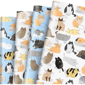 JarThenaAMCS 8 Sheets Cat Print Wrapping Paper - Not Roll - Cute Cat Gift Wrap Paper Folded Flat Blue White DIY Craft Art Paper for Wedding Birthday Baby Shower Holiday Party Supplies