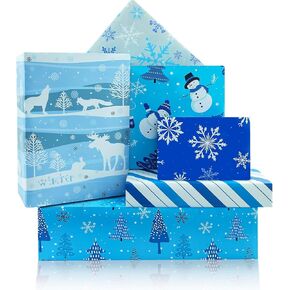 Snowflake Blue Christmas Wrapping Paper, 6 Designs Snowman Christmas Tree Elk Snowflake Print Blue and White Holiday Gift Wrap for Merry Christmas Gift Wrap Decor, Winter XMAS Party, Celebration