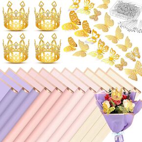 FairySandy 12 Sheets Flower Bouquet Wrapping Paper Waterproof Floral Wrapping Paper with 100 Pins 4 Crown Cake Topper 24 Gold Butterflies for Graduation Mother Teacher Gifts(Novel Color)