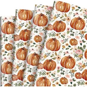 AnyDesign Fall Pumpkin Wrapping Paper Boho Floral Pumpkin Gift Wrap Paper Bulk Folded Flat Autumn Watercolor Flower Art Paper for Thanksgiving DIY Crafts Gift Wrapping, 19.7 x 27.6 Inch, 6 Sheet