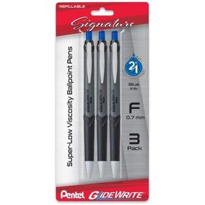 Pentel GlideWrite Signature Retractable Pen, 0.7mm Needle Tip, Refillable TechniFLo Blue Ink, 3 Pack