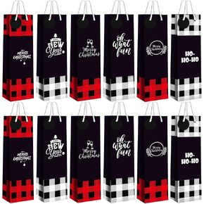 Cholemy 24 Pack Christmas Wine Gift Bags Buffalo Plaid Wine Gift Bags with Name Tags Xmas Gift Bags with 24 Holiday Sayings with Handles for Whiskey, Champagne Spirit Party(Red, Green, White)