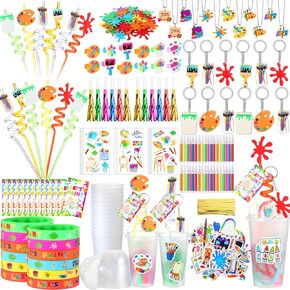 Tondiamo 206 Pcs Art Paint Party Favors Include Gift Cup Plastic Straw Color Pen Keychain Pendant Bracelet Ring Temporary Tattoo Party Blower Card Splatter Confetti for School Reward Birthday Party