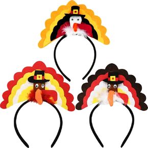 CAMIRUS 3PCS Thanksgiving Turkey Headbands, Turkey Head Boppers for Kids Women Thanksgiving Dress Up Costume Accessories Party Favors Headband Decorations (One Size Fits All)