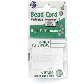 Griffin High Performance Bead Cord Perlseide – White Color – Size 6 (0.70mm) – 2 meters per card – Stainless Steel Needle Attached – For Knotting Pearls, Gemstones, Crystals and Beads
