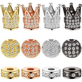 20 Pieces Crown Charms Rhinestone Beads Round Ball Rhinestone Beads Zirconia Cubic Beads Crystal Large Hole Spacer Beads for Jewelry Making Bracelet DIY (Multicolor with White Zircon)