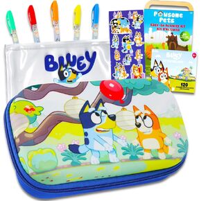 Disney Bluey Pencil Case for Kids - Bluey Pencil Box Bundle Includes Bluey Molded Pencil Case and 5 Bluey Gel Pens Plus Stickers | Bluey School Supplies