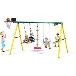 Osoeri Swing Sets for Backyard, 5-in-1 Kids Swing Set, Outdoor Swing Set with Saucer Swing, Glider, Rope Swing, and Basketball Hoop