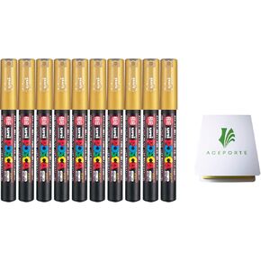 POSCA Paint Marker Pen, 10 Gold Pen Set (PC1M.25) - Extra Fine Point - Odorless Water Resistant Pen Maker, with Original Sticky Notes