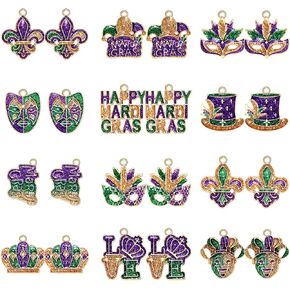 PHALIN 24/32PCS Cinco De Mayo Charms for Jewelry Making, Carnival Bracelet Making Charms Bulk, Glittery Enamel Mask Fleur De Lis Jester Hat Pendant Charms for DIY Mardi Gras Accessory Crafts Gifts
