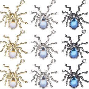 SUNNYCLUE 1 Box 18Pcs Gothic Style Spider Charms Halloween Spiders Charm Resin Rhinestone Imitation Cat Eye Beads Animal Black Metal Charms for Jewelry Making Charm DIY Earrings Necklace Supplies