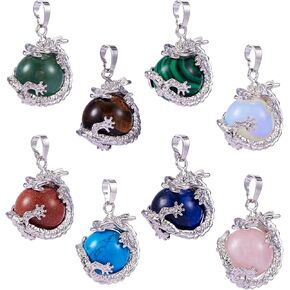 8 Pcs Dragon Wrapped Pendant Round Gemstone Charm Cylinder Crystal Round Ball Necklace with Platinum Brass Findings for Jewelry Making