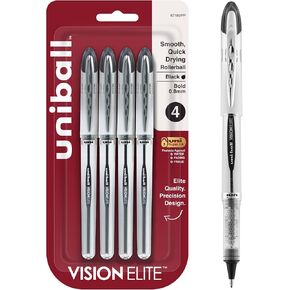uni-ball Vision Elite Rollerball Pens, Bold Point (0.8mm), Black, 4 Count