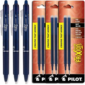 Pilot FriXion Clicker Retractable Gel Ink Pens, Eraseable, Fine Point 0.7mm, Navy Blue Ink, Pack of 3 with Bundle Packs of Refills
