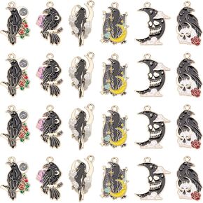 SUNNYCLUE 1 Box 24Pcs Gothic Charms Bulk Crow Charms Enamel Raven Black Bird Skull Scary Halloween Skeleton Charm Rose Moon Charms for Jewelry Making Charm Necklace Bracelet Earrings DIY Supplies