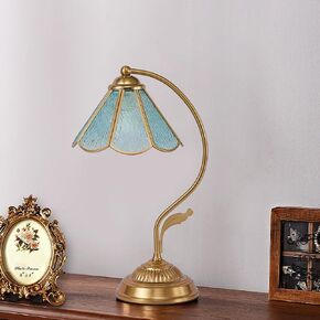CXWV Vintage Desk Lamp Handmade Colored Glaze Table Lamp ​​Bule Flower Lampshade with Metal Leaf Glass Table Lamp Floral Nightstand Desk Light for Bedroom,Living Room,Reading Room,Rest Room (CX-TD)