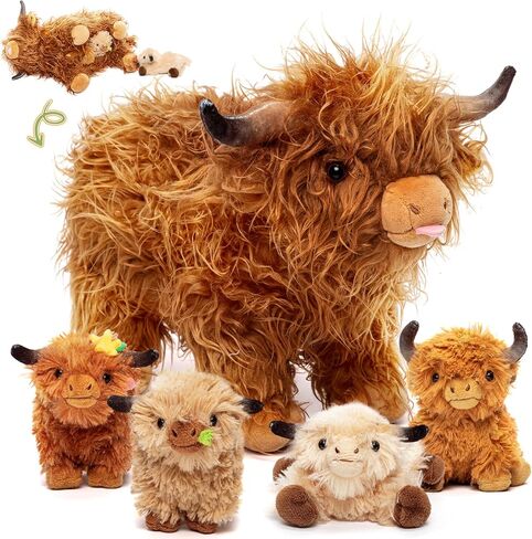 ouozzz الحيوانات المحشوة بقرة المرتفعات - مجموعة ألعاب من القطيفة للأم و4 أطفال ماشية صغيرة بالداخل، ألعاب أطفال تقدم ألعاب للبنات والأولاد والأطفال الصغار in Kuwait