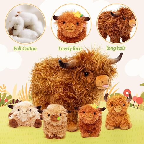 ouozzz الحيوانات المحشوة بقرة المرتفعات - مجموعة ألعاب من القطيفة للأم و4 أطفال ماشية صغيرة بالداخل، ألعاب أطفال تقدم ألعاب للبنات والأولاد والأطفال الصغار in Kuwait