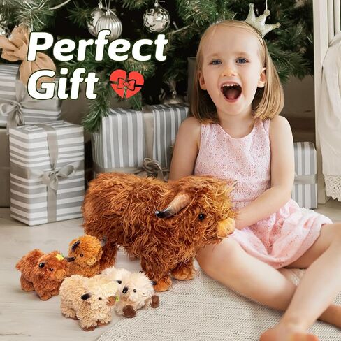 ouozzz الحيوانات المحشوة بقرة المرتفعات - مجموعة ألعاب من القطيفة للأم و4 أطفال ماشية صغيرة بالداخل، ألعاب أطفال تقدم ألعاب للبنات والأولاد والأطفال الصغار in Kuwait