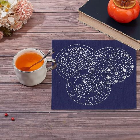 WEBEEDY DIY Sashiko Embroidery Kit Stitching Sashiko Placemat with Traditional Japanese Sashiko Pattern Template Fabric Flower Table Mats Needlework with Instructions for Home Dining Table Decor in Saudi Arabia
