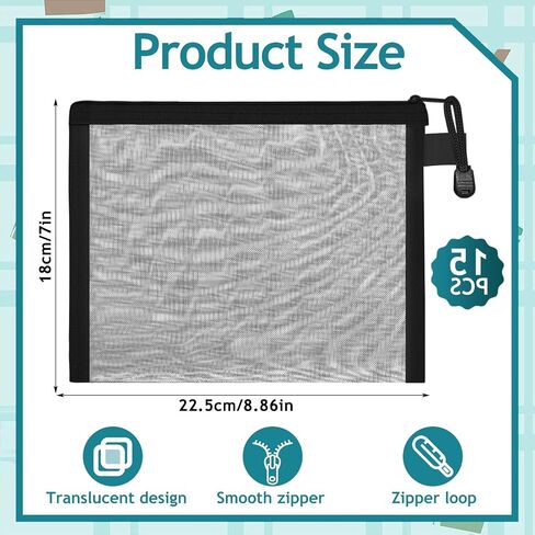 15 Pcs Mesh Zipper Pouch Bags,Black Makeup Bags,Zipper Nylon Mesh Pouch,Nylon Mesh Cosmetic Bags,Portable Makeup Pouches Organizing for Travel and Office Supplies(Black, 8.8x 7 Inch) in Saudi Arabia