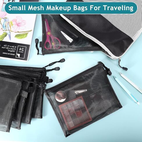 15 Pcs Mesh Zipper Pouch Bags,Black Makeup Bags,Zipper Nylon Mesh Pouch,Nylon Mesh Cosmetic Bags,Portable Makeup Pouches Organizing for Travel and Office Supplies(Black, 8.8x 7 Inch) in Saudi Arabia