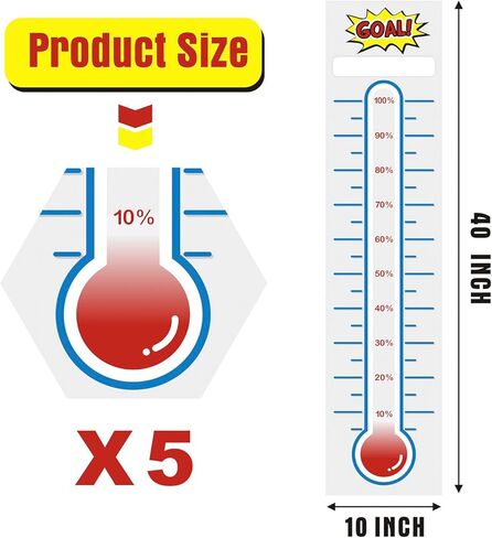 KIUKIUO 5 قطع من الرسوم البيانية لأهداف ميزان الحرارة لجمع التبرعات 10 × 40 لتتبع أهداف المسح الجاف، مخطط ميزان الحرارة لإعداد الأهداف، ملصق حائط من الفينيل للمنزل والمدرسة والمكتب لجمع التبرعات in Kuwait