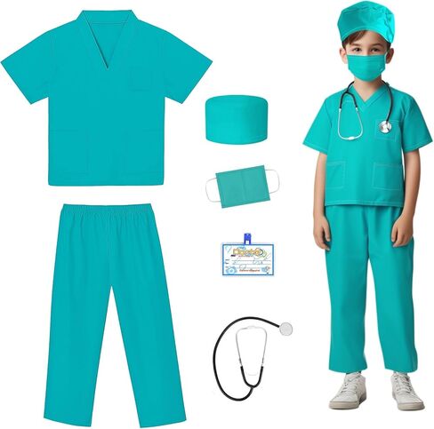 زي طبيب الأطفال، فستان تنكري للهالوين، مجموعة تنظيف الممرضة هدية للأولاد والبنات من عمر 3 إلى 12 سنة 6 قطع in Kuwait