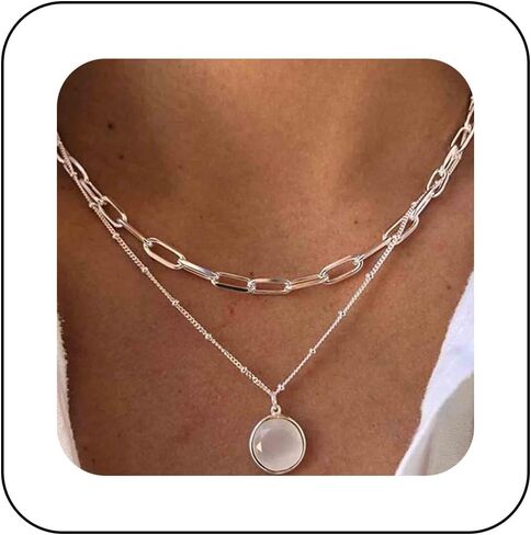 Yheakne Boho Layered Moonstone Necklace Silver Opal Moonstone Pendant Necklace Paper Clip Chain Choker Necklace Punk Flat Chain Necklace Jewelry for Women and Girls (Silver) in Kuwait