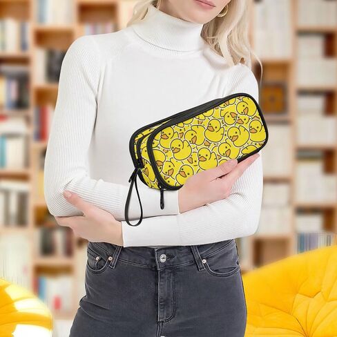 Big Capacity Pencil Case 3 Compartments Pen Case Canvas Bag Dog Alphabet Animal Make-up Pen Pouch for Office College School Kids Teens Student (Duck Ducky Animal Yellow) in Saudi Arabia