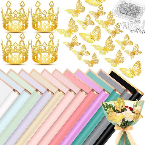 FairySandy 12 ورقة باقة زهور ورق تغليف زهور مقاوم للماء مع 100 دبابيس و4 تاج كعكة توبر 24 فراشات ذهبية لهدايا التخرج الأم والمعلم (لون جديد) in Saudi Arabia