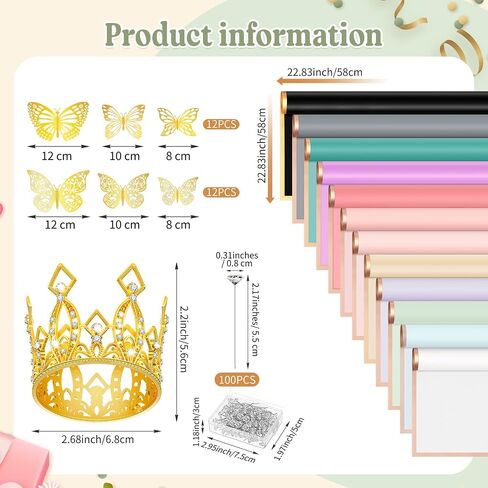 FairySandy 12 ورقة باقة زهور ورق تغليف زهور مقاوم للماء مع 100 دبابيس و4 تاج كعكة توبر 24 فراشات ذهبية لهدايا التخرج الأم والمعلم (لون جديد) in Saudi Arabia