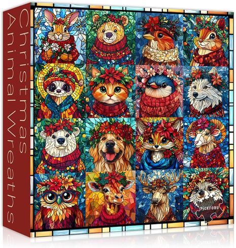 Stained Glass Puzzle Christmas Puzzles 1000 Pieces for Adults, Mosaic Holiday Puzzles Animal Dog Cat Flower Crown, Impossible Hard Difficult Challenging Jigsaw Puzzles, Colorful Xmas Collage Puzzle in Saudi Arabia