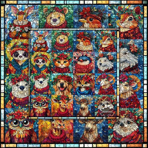 Stained Glass Puzzle Christmas Puzzles 1000 Pieces for Adults, Mosaic Holiday Puzzles Animal Dog Cat Flower Crown, Impossible Hard Difficult Challenging Jigsaw Puzzles, Colorful Xmas Collage Puzzle in Saudi Arabia