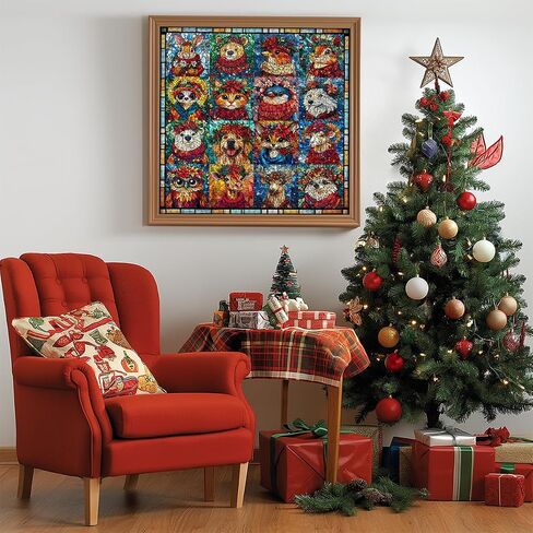 Stained Glass Puzzle Christmas Puzzles 1000 Pieces for Adults, Mosaic Holiday Puzzles Animal Dog Cat Flower Crown, Impossible Hard Difficult Challenging Jigsaw Puzzles, Colorful Xmas Collage Puzzle in Saudi Arabia