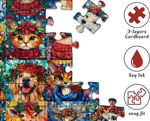 Stained Glass Puzzle Christmas Puzzles 1000 Pieces for Adults, Mosaic Holiday Puzzles Animal Dog Cat Flower Crown, Impossible Hard Difficult Challenging Jigsaw Puzzles, Colorful Xmas Collage Puzzle in Saudi Arabia