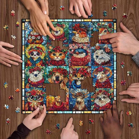 Stained Glass Puzzle Christmas Puzzles 1000 Pieces for Adults, Mosaic Holiday Puzzles Animal Dog Cat Flower Crown, Impossible Hard Difficult Challenging Jigsaw Puzzles, Colorful Xmas Collage Puzzle in Saudi Arabia