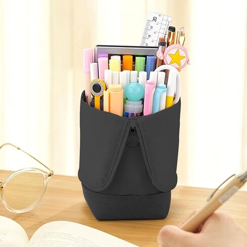 Rolin Roly Eversion Pencil Case Stand up Pencil Holder Pencil Pouch Nylon twill Pencil Case Cosmetics Pouch with Zipper Makeup Bag Case (Black) in Saudi Arabia