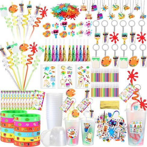 Tondiamo 206 Pcs Art Paint Party Favors Include Gift Cup Plastic Straw Color Pen Keychain Pendant Bracelet Ring Temporary Tattoo Party Blower Card Splatter Confetti for School Reward Birthday Party in Saudi Arabia