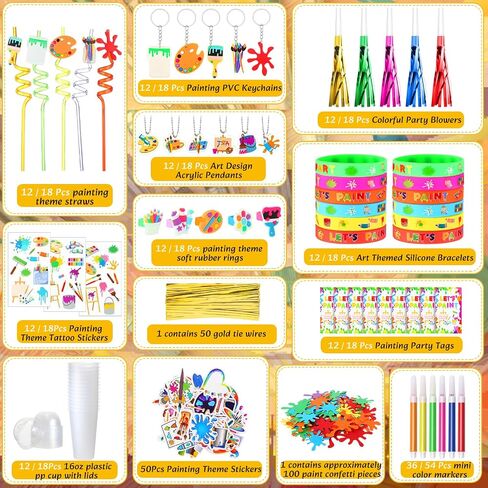 Tondiamo 206 Pcs Art Paint Party Favors Include Gift Cup Plastic Straw Color Pen Keychain Pendant Bracelet Ring Temporary Tattoo Party Blower Card Splatter Confetti for School Reward Birthday Party in Saudi Arabia