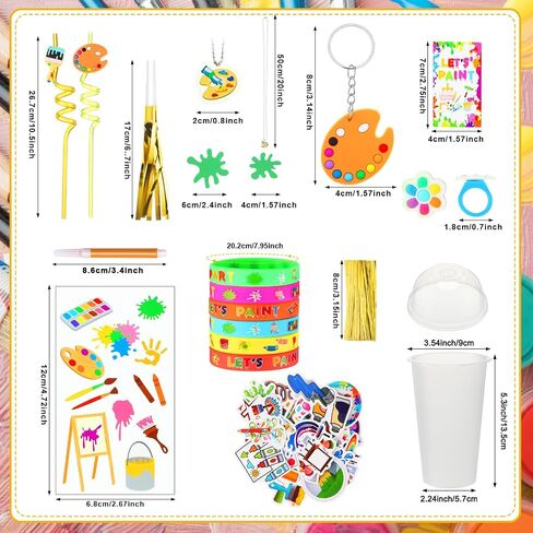 Tondiamo 206 Pcs Art Paint Party Favors Include Gift Cup Plastic Straw Color Pen Keychain Pendant Bracelet Ring Temporary Tattoo Party Blower Card Splatter Confetti for School Reward Birthday Party in Saudi Arabia
