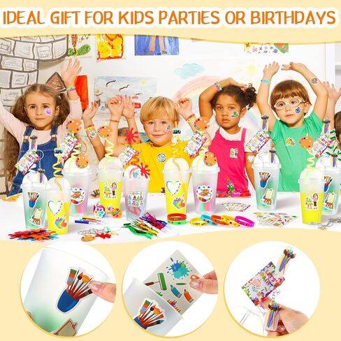 Tondiamo 206 Pcs Art Paint Party Favors Include Gift Cup Plastic Straw Color Pen Keychain Pendant Bracelet Ring Temporary Tattoo Party Blower Card Splatter Confetti for School Reward Birthday Party in Saudi Arabia