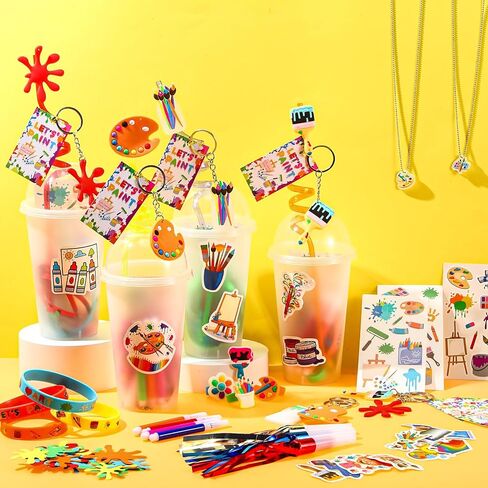 Tondiamo 206 Pcs Art Paint Party Favors Include Gift Cup Plastic Straw Color Pen Keychain Pendant Bracelet Ring Temporary Tattoo Party Blower Card Splatter Confetti for School Reward Birthday Party in Saudi Arabia