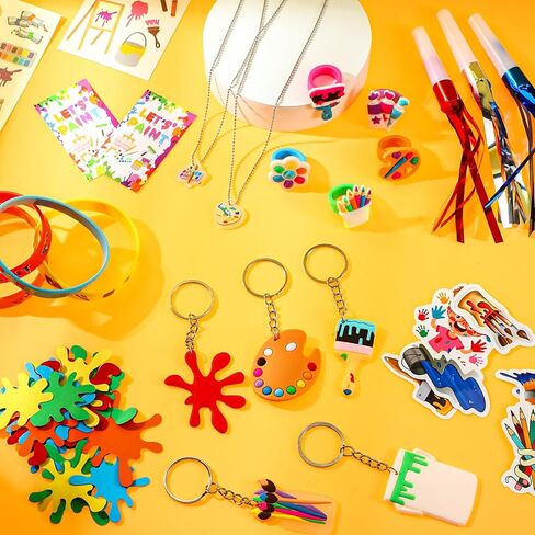 Tondiamo 206 Pcs Art Paint Party Favors Include Gift Cup Plastic Straw Color Pen Keychain Pendant Bracelet Ring Temporary Tattoo Party Blower Card Splatter Confetti for School Reward Birthday Party in Saudi Arabia