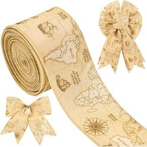 1 Roll 10 Yards Travel Wired Edge Ribbon 2.5 Inch Vintage Bon Voyage Map Adventure Awaits Burlap Ribbon for Gifts Wrapping DIY Crafts Travel Around The World Party Decoration